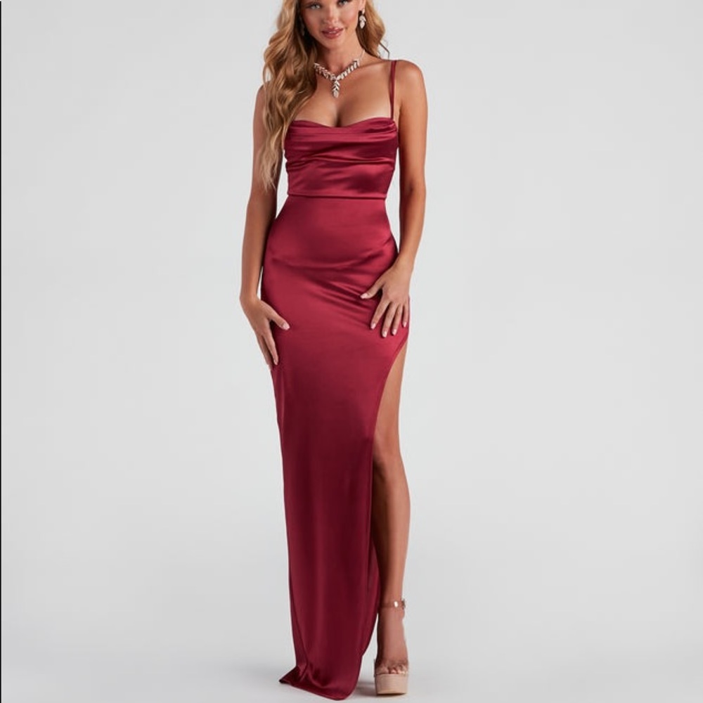 Windsor Lola High Slit Satin Dress in Burgundy (Small)